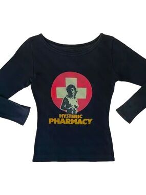 Hysteric Glamour Black Long-Sleeve Graphic Tee with Red & Yellow Logo
